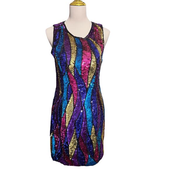 Sean Dresses & Skirts - Vintage 1980s Sean Silk Sequined Cocktail Party Dress Size Small Pink Gold Blue